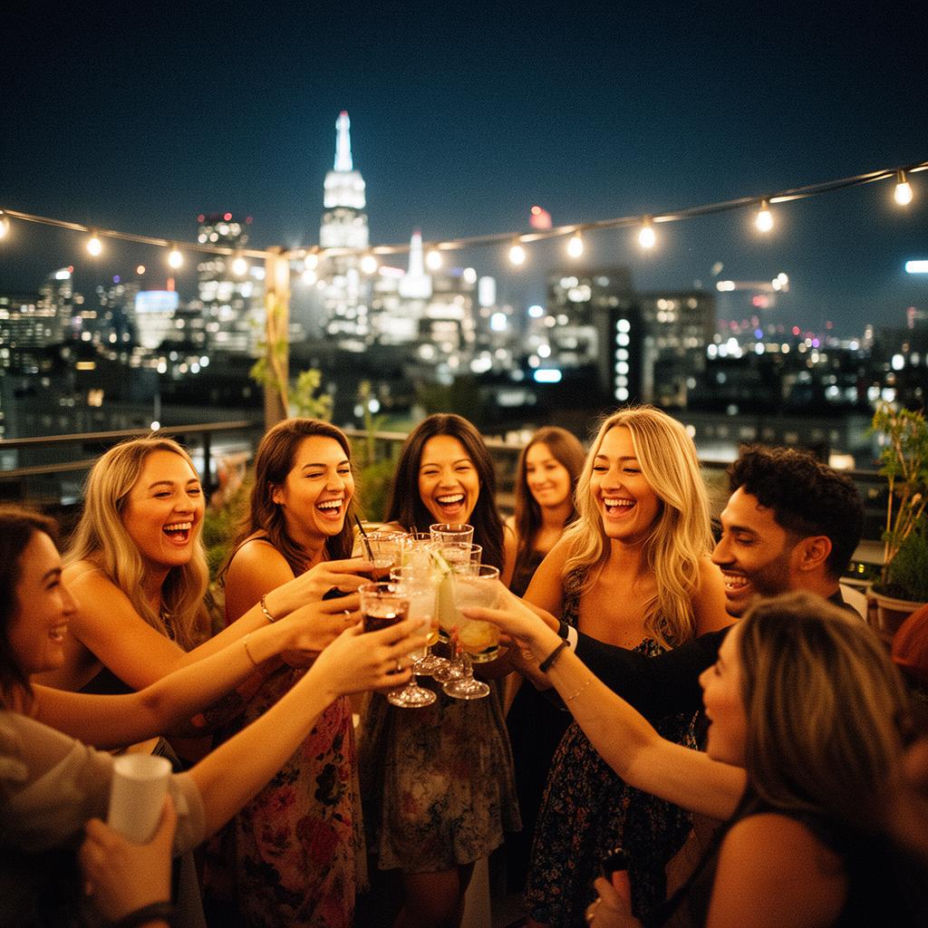 Friends toasting at a rooftop party with city skyline
